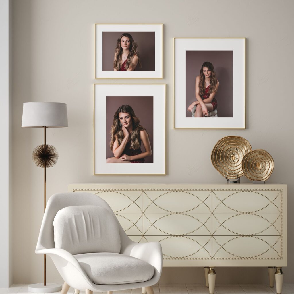 Senior portraits of a beautiful girl , framed and hanged on the wall