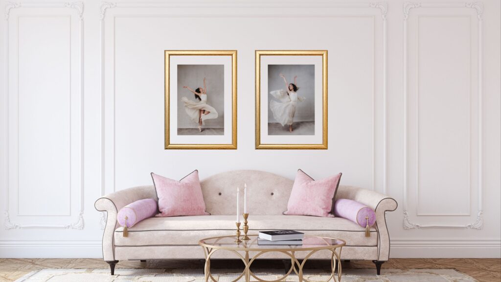 a room view with light color sofa and beautiful gold picture frames with dancer ,high school girl portraits