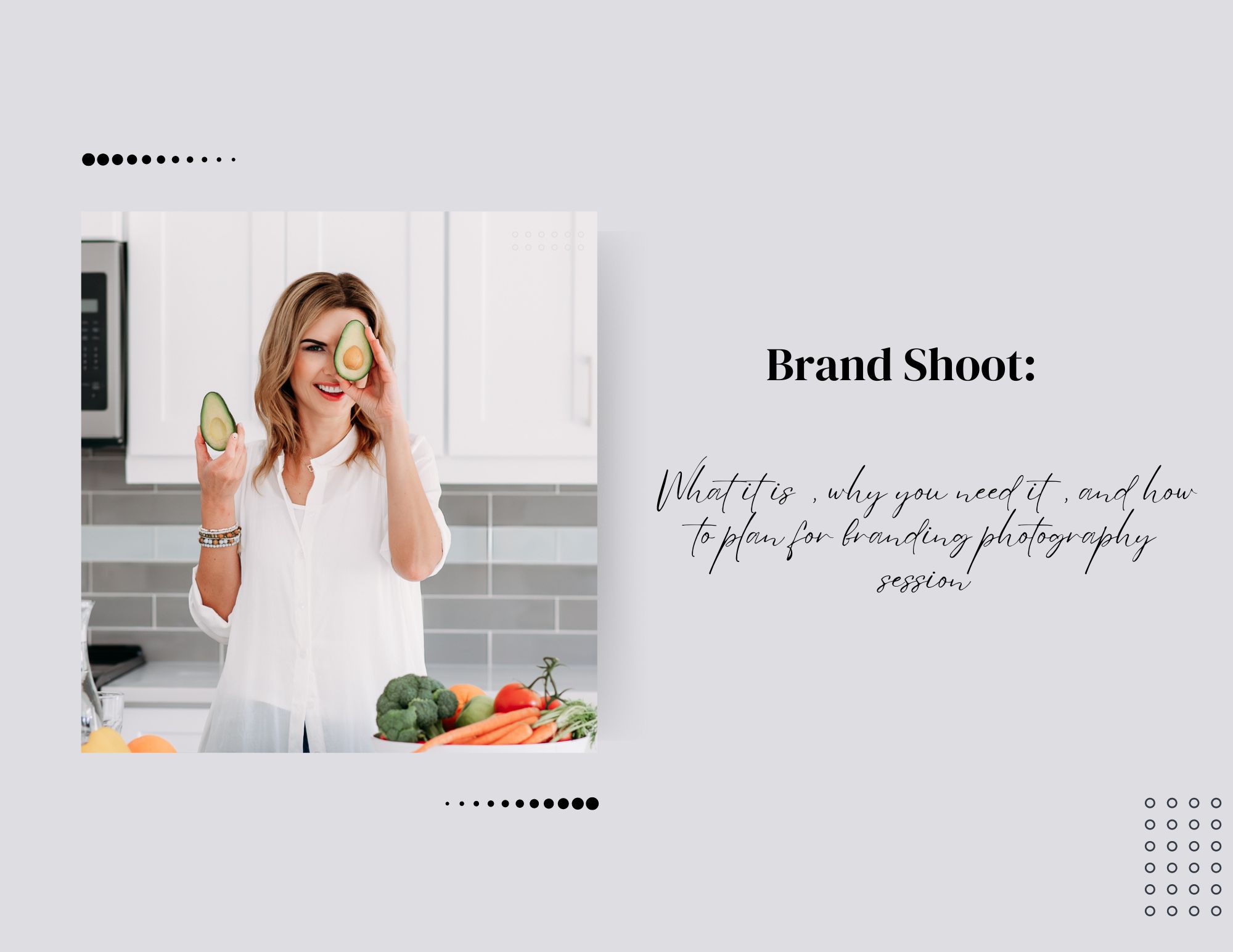 Brand Shoot banner photo including tilte and a picture of women holding avocado at front of her face